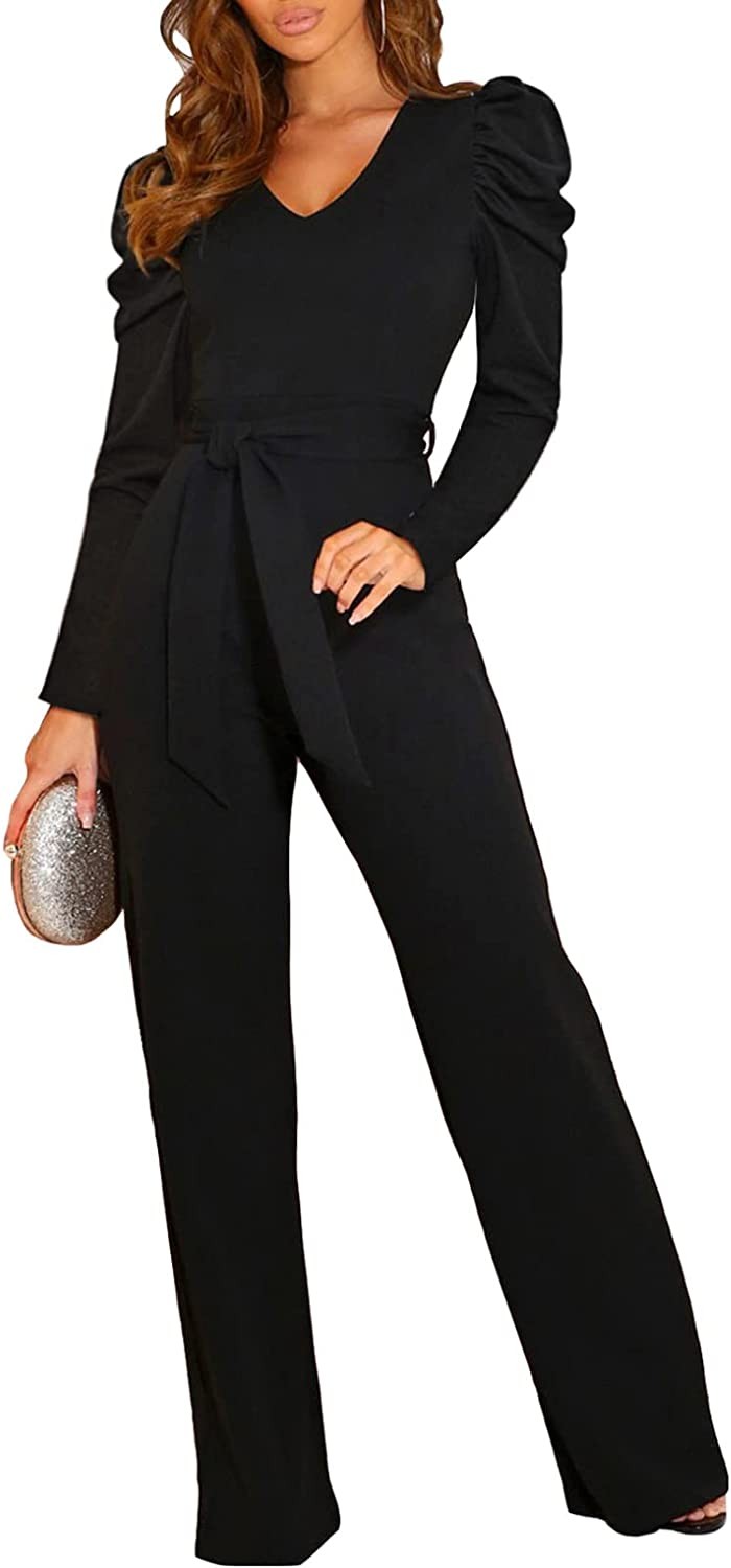 BLENCOT Womens Jumpsuit Short Sleeve Casual v Neck Belted Wide Leg Formal Romper